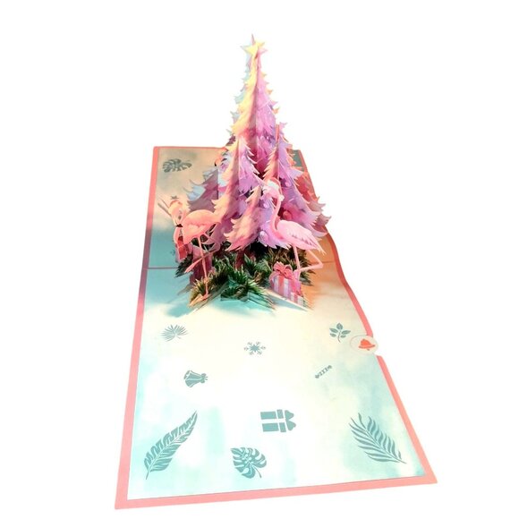 3D Christmas Card Flamingo Tree Santa Pink - Picture 7 of 14